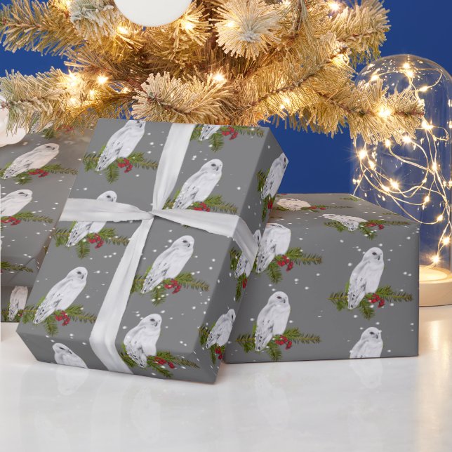 Snowy Owl On Pine And Berries  Wrapping Paper (Holidays)
