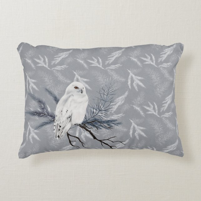 Snowy Owl On Winter Pine Accent Pillow (Front)