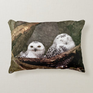 Snowy Owl Pair Woodland Wildlife Art Accent Pillow