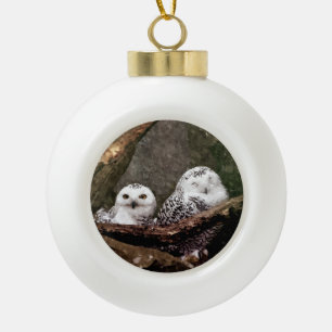Snowy Owl Pair Woodland Wildlife Art Ceramic Ball Christmas Ornament