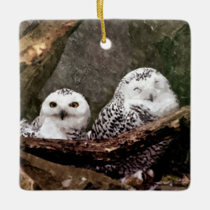 Snowy Owl Pair Woodland Wildlife Art Ceramic Ornament