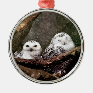 Snowy Owl Pair Woodland Wildlife Art Metal Ornament