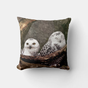 Snowy Owl Pair Woodland Wildlife Art Throw Pillow