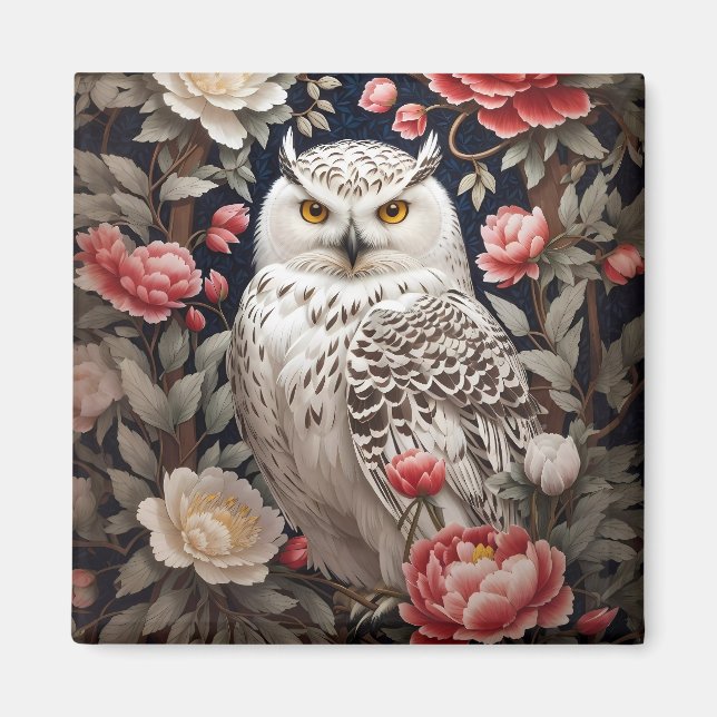 Snowy Owl Pink Peony Flowers Magnet (Front)