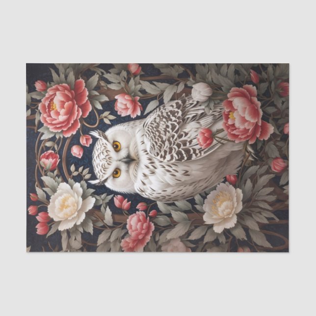 Snowy Owl Pink Peony Flowers Tissue Paper (Front)