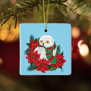 Snowy Owl Red Poinsettias Christmas Ceramic Ornament