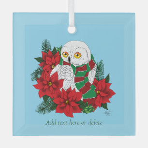 Snowy Owl Red Poinsettias Christmas Glass Ornament