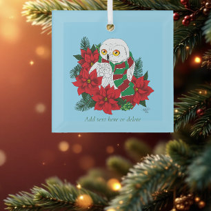 Snowy Owl Red Poinsettias Christmas Glass Ornament