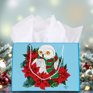 Snowy Owl Red Poinsettias Christmas Large Gift Bag