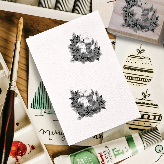 Snowy Owl Red Poinsettias Christmas Rubber Stamp (Creator Uploaded)