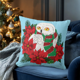 Snowy Owl Red Poinsettias Christmas Throw Pillow