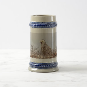 Snowy owl sitting on the beach beer stein