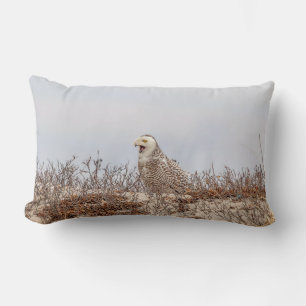 Snowy owl sitting on the beach lumbar pillow