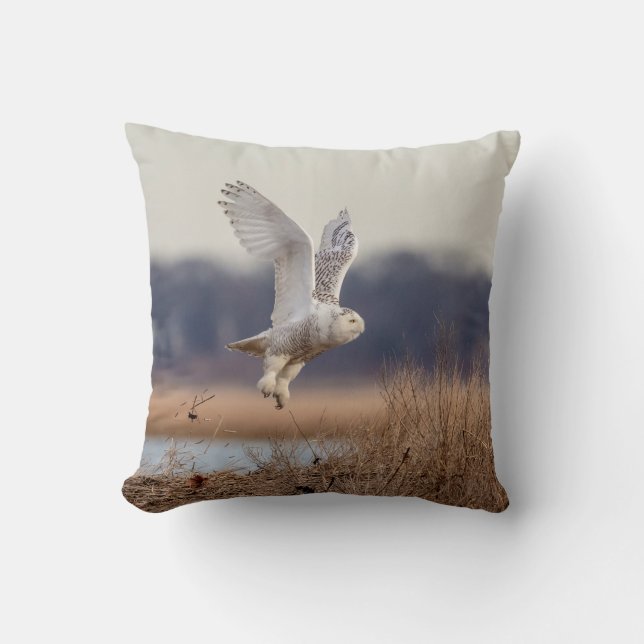 Snowy owl taking off throw pillow (Front)