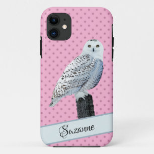 Snowy Owl Watercolor Pink Polka Dot iPhone 11 Case