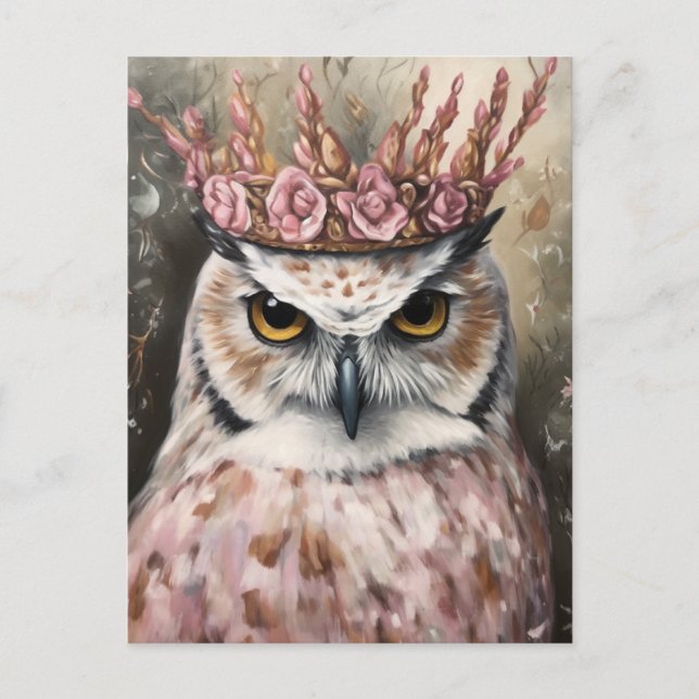Snowy Owl With a Crown and Pink Flowers Postcard (Front)