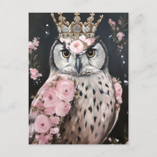 Snowy Owl With a Golden Crown and Pink Flowers Postcard