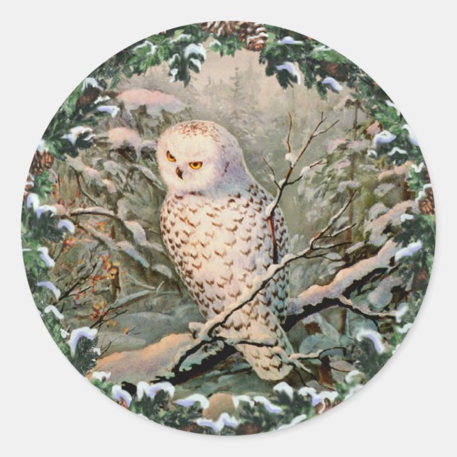 SNOWY OWL & WREATH by SHARON SHARPE Classic Round Sticker (Front)