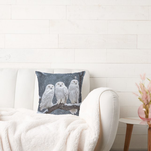 Snowy Owls In Snowflakes Throw Pillow (Couch)