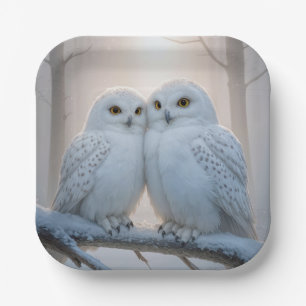 Snowy Owls On a Winter Branch Paper Plate