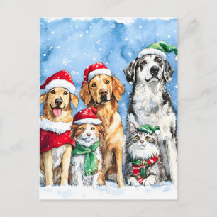 Snowy Paws Festive Cute Christmas Pets Watercolor Announcement Postcard