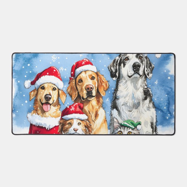 Snowy Paws Festive Cute Christmas Pets Watercolor Desk Mat (Front)