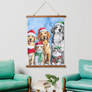 Snowy Paws Festive Cute Christmas Pets Watercolor Hanging Tapestry