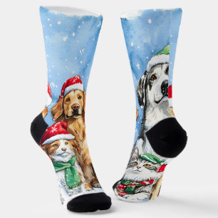 Snowy Paws Festive Cute Christmas Pets Watercolor Socks