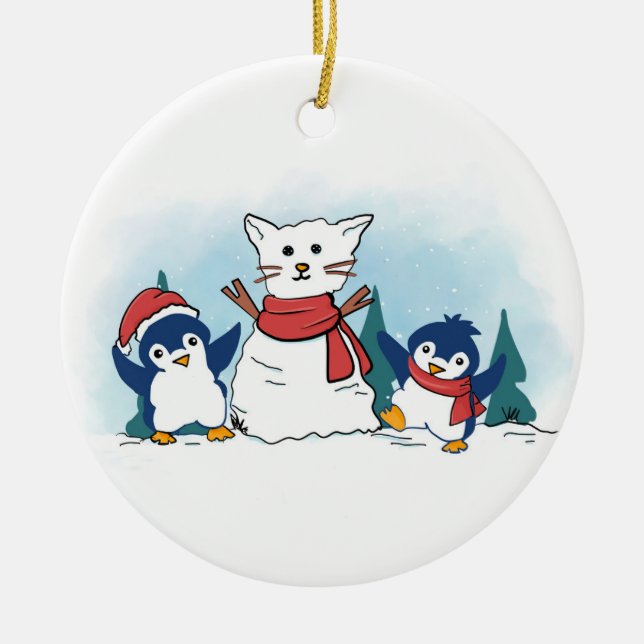 Snowy Penguins building a Christmas Snow Cat Ceramic Ornament (Front)