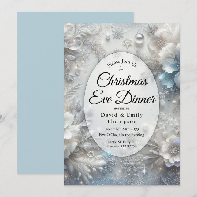 Snowy Petals in Frozen Bloom Christmas Eve Dinner Invitation (Front/Back)