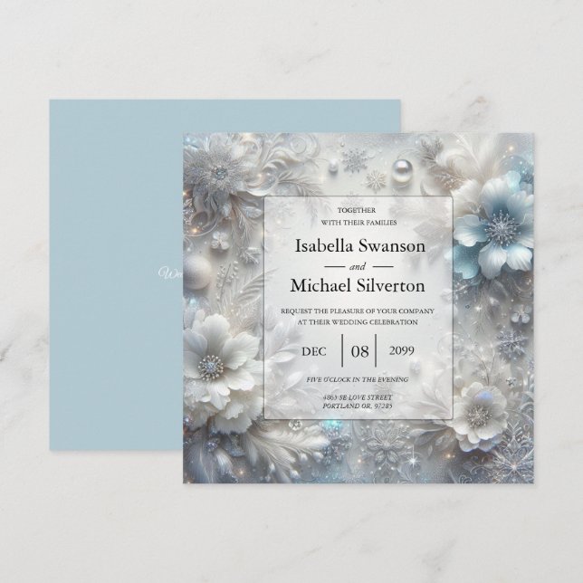 Snowy Petals in Frozen Bloom Wedding Invitation (Front/Back)