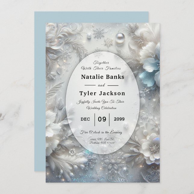 Snowy Petals in Frozen Bloom Wedding Invitation (Front/Back)