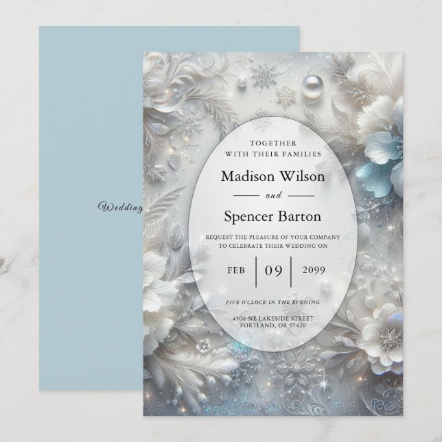Snowy Petals in Frozen Bloom Wedding Invitation (Front/Back)