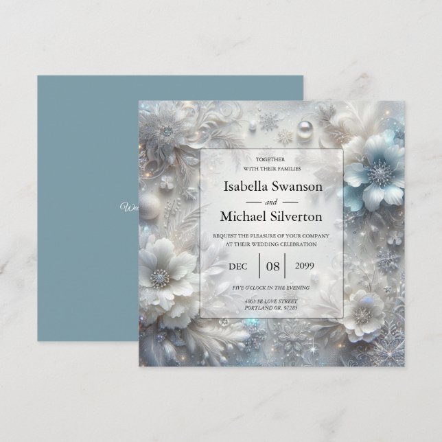 Snowy Petals in Frozen Bloom Wedding Invitation (Front/Back)