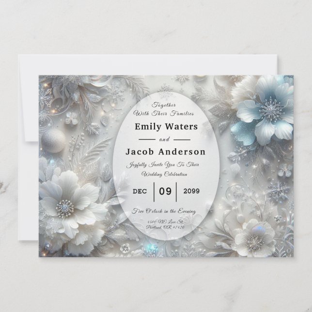 Snowy Petals in Frozen Bloom Wedding Invitation (Front)