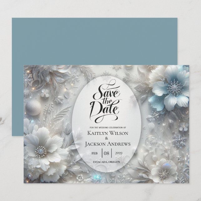 Snowy Petals in Frozen Bloom Wedding Save The Date (Front/Back)