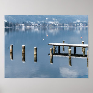 Snowy pier in winter, Lake Tegernsee, Germany Poster