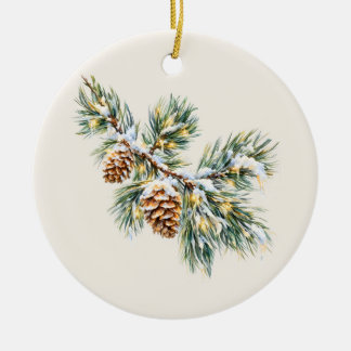 Snowy Pine Branch Ceramic Ornament