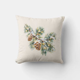 Snowy Pine Branch Throw Pillow