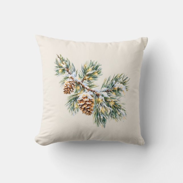 Snowy Pine Branch Throw Pillow (Front)