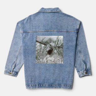 Snowy Pine Branch Winter Nature Photography Denim Jacket