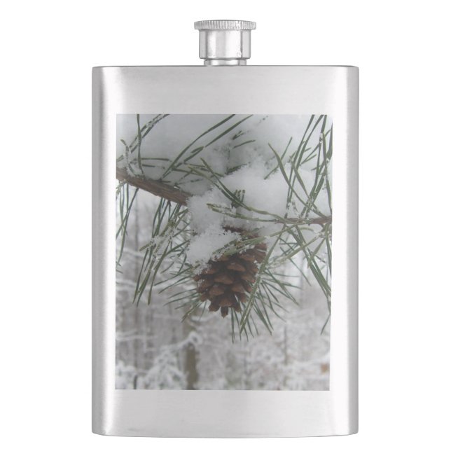 Snowy Pine Branch Winter Nature Photography Hip Flask (Front)