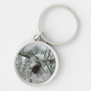 Snowy Pine Branch Winter Nature Photography Keychain