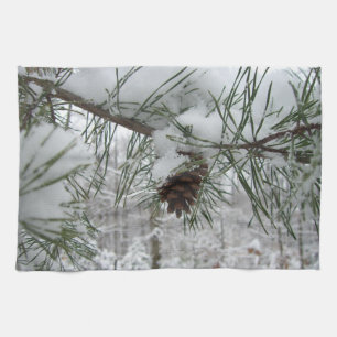 Snowy Pine Branch Winter Nature Photography Kitchen Towel