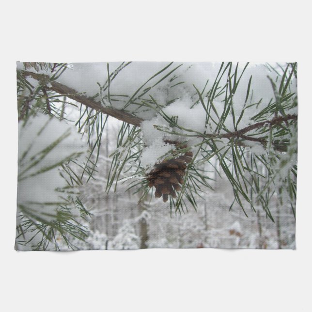 Snowy Pine Branch Winter Nature Photography Kitchen Towel (Horizontal)