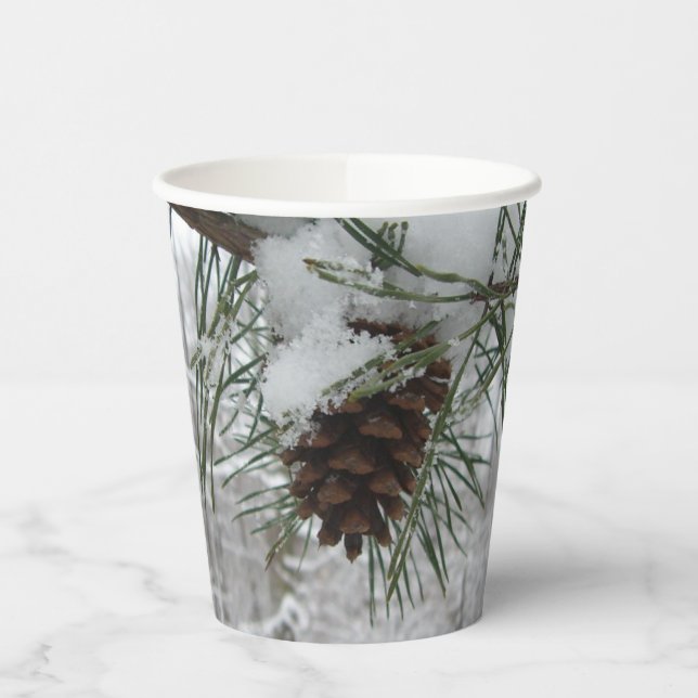 Snowy Pine Branch Winter Nature Photography Paper Cups (Left)