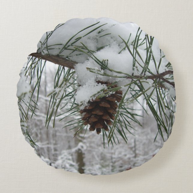 Snowy Pine Branch Winter Nature Photography Round Pillow (Front)