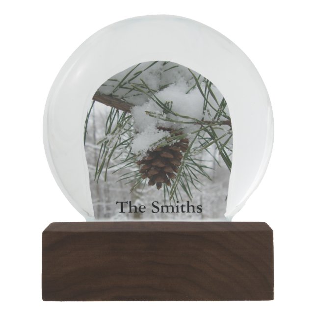 Snowy Pine Branch Winter Nature Photography Snow Globe (Front)