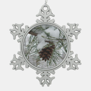 Snowy Pine Branch Winter Nature Photography Snowflake Pewter Christmas Ornament