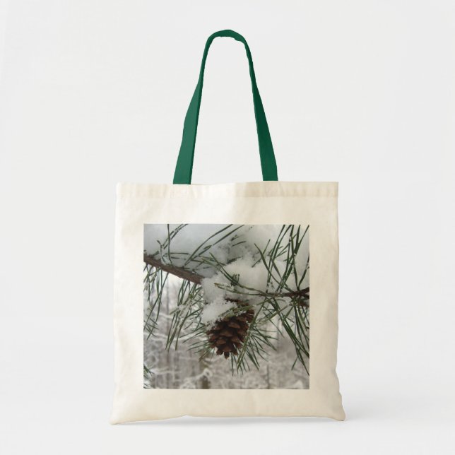 Snowy Pine Branch Winter Nature Photography Tote Bag (Front)